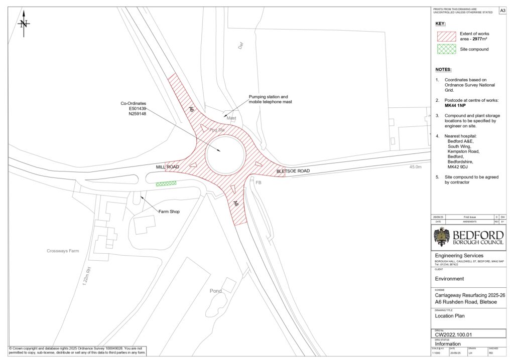 map showing roundabout works at Sharnbrook roundabout